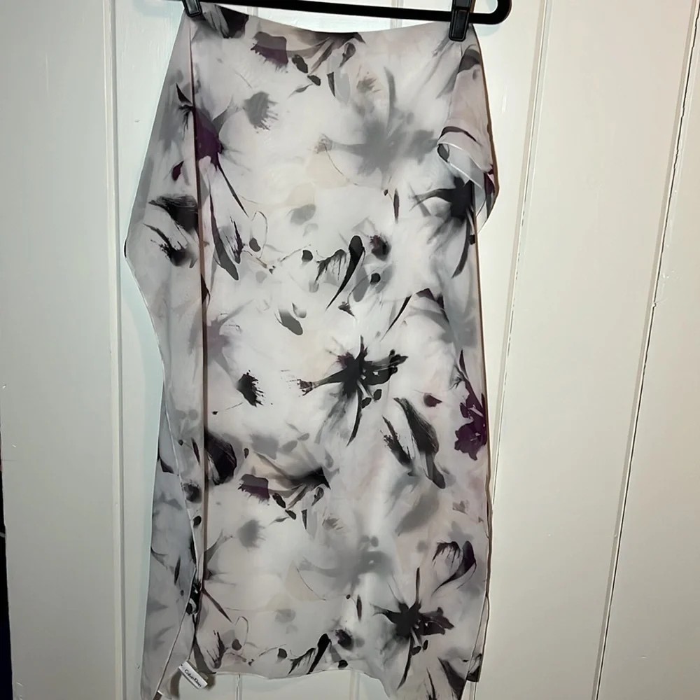 Calvin Klein black & purple abstract brushstroke‎ flowers lightweight scarf